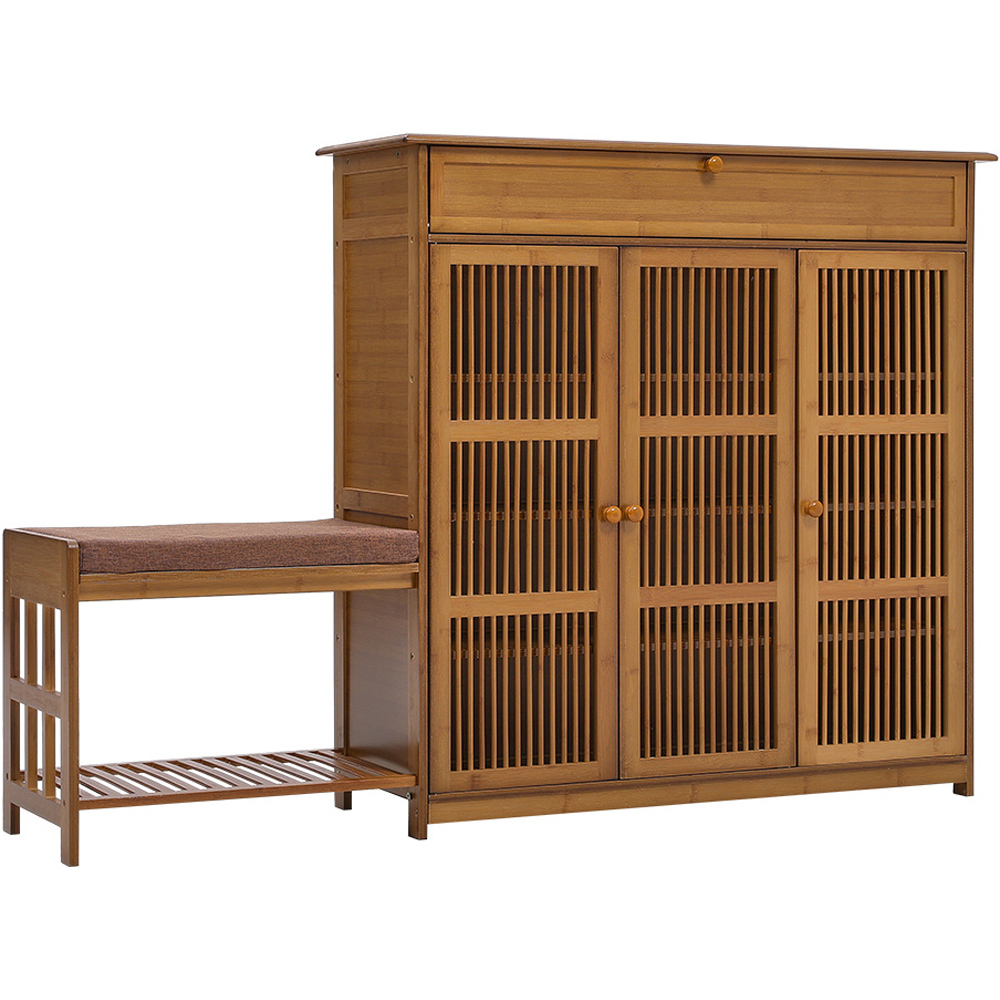H&O Direct 3 Door Single Shelf Bamboo Shoe Cabinet Bench Image 2