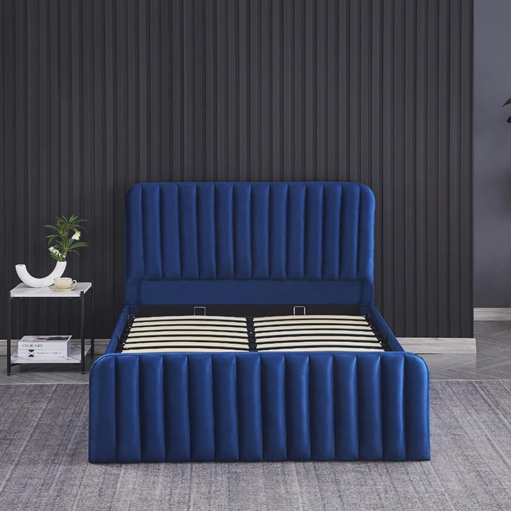 Portland Wave Small Double Blue Velvet Ottoman Bed with Mattress Image 3
