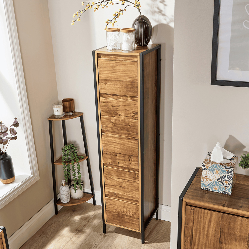 Home Source Locastra 5 Drawer Oak and Black Tall Floor Storage Cabinet Image 6