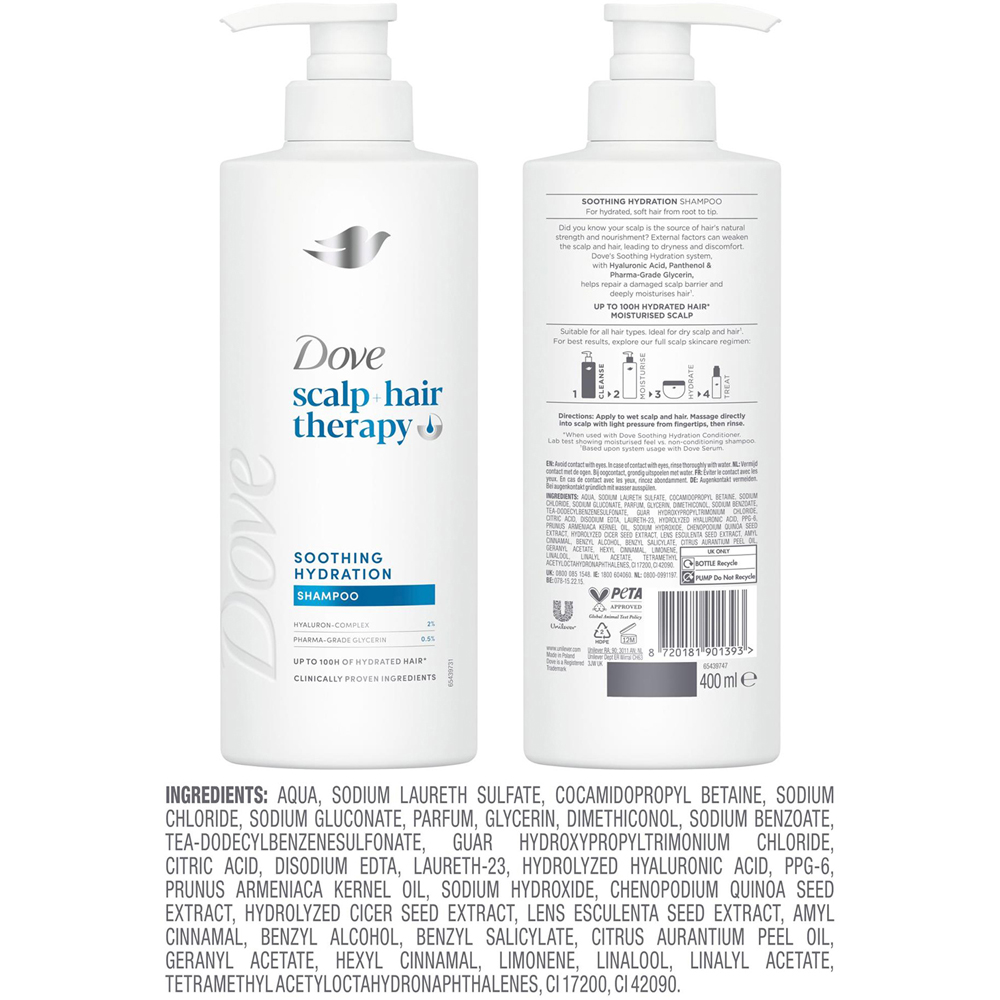 Dove Scalp+Hair Therapy Soothing Hydration Hyaluronic Acid Shampoo 400ml 6 Pack Image 7