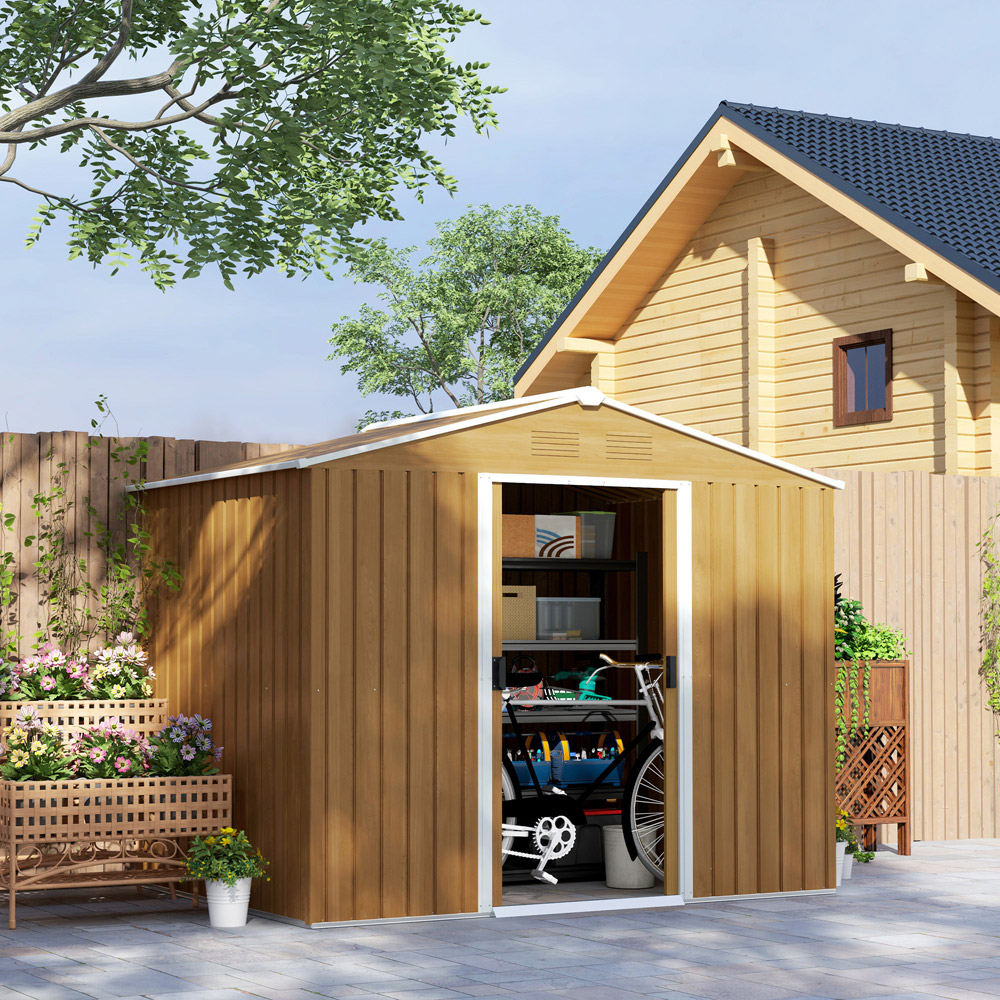 Outsunny 8 x 6ft 2 Door Chocolate Wood Effect Garden Storage Shed Image 2