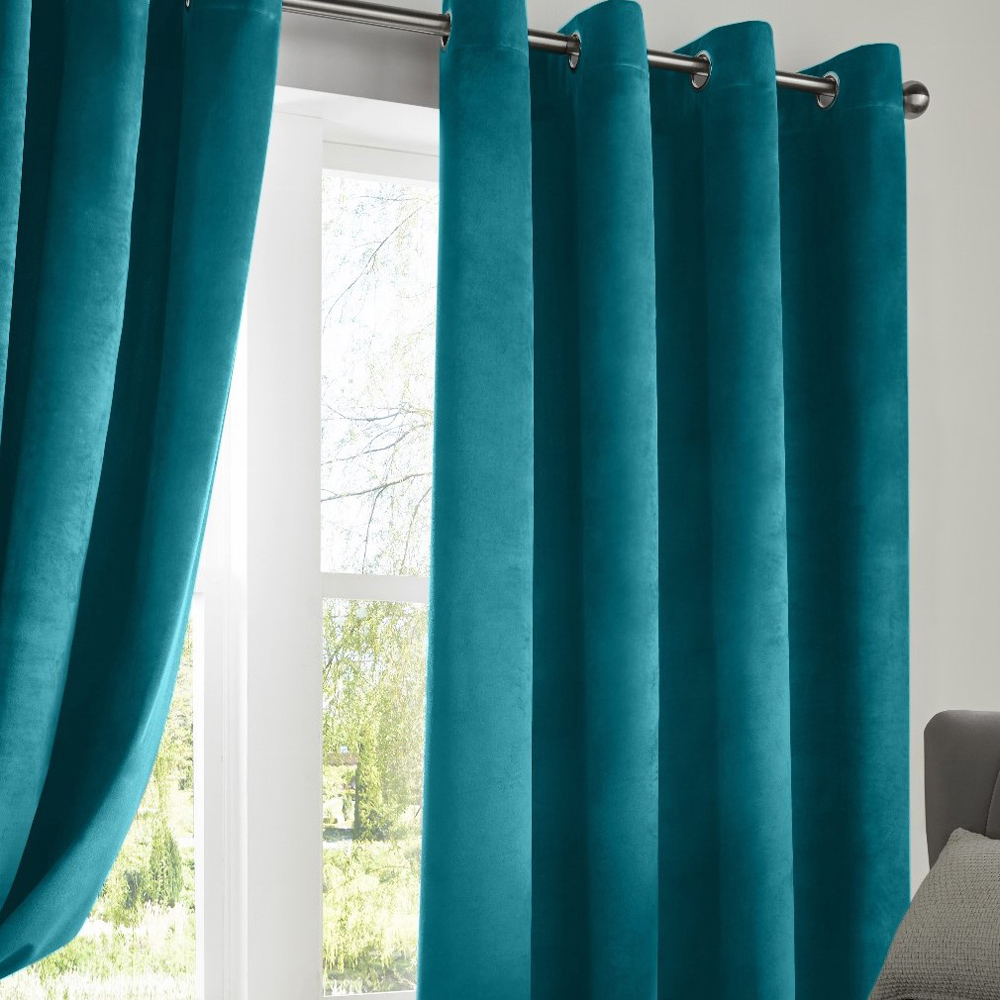 Alan Symonds Teal Velvet Blackout Ring Top Eyelet Curtains 168 x 183cm Image 2
