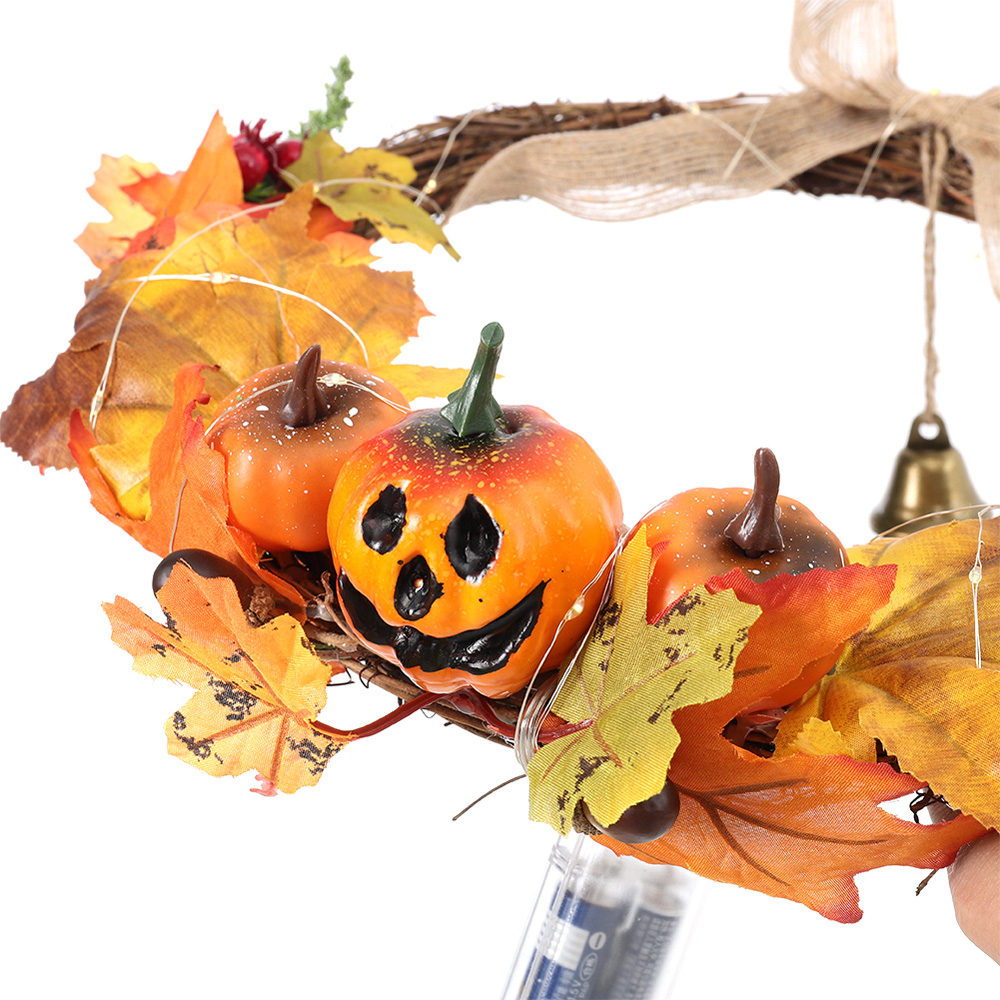 Living and Home LED Wreath with Maple Leaves Pumpkins Berries and Bell 40cm Image 6
