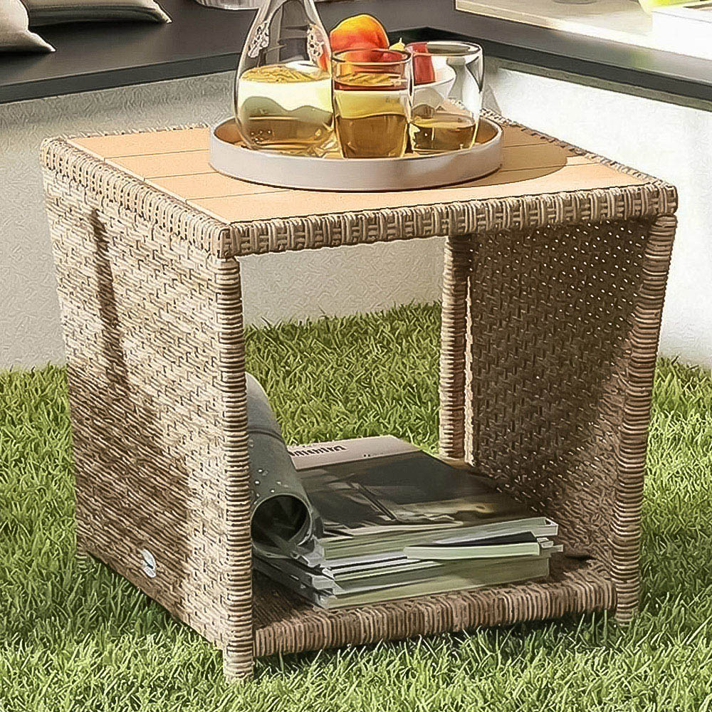 Outsunny Single Shelf Khaki Rattan Side Table Image 1