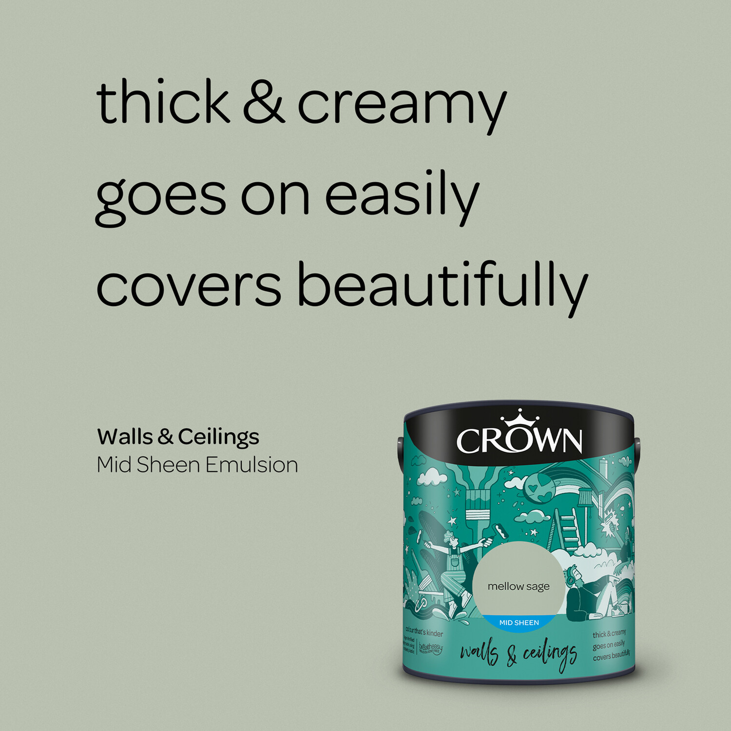 Crown Walls & Ceilings Mellow Sage Mid Sheen Emulsion Paint 2.5L Image 8