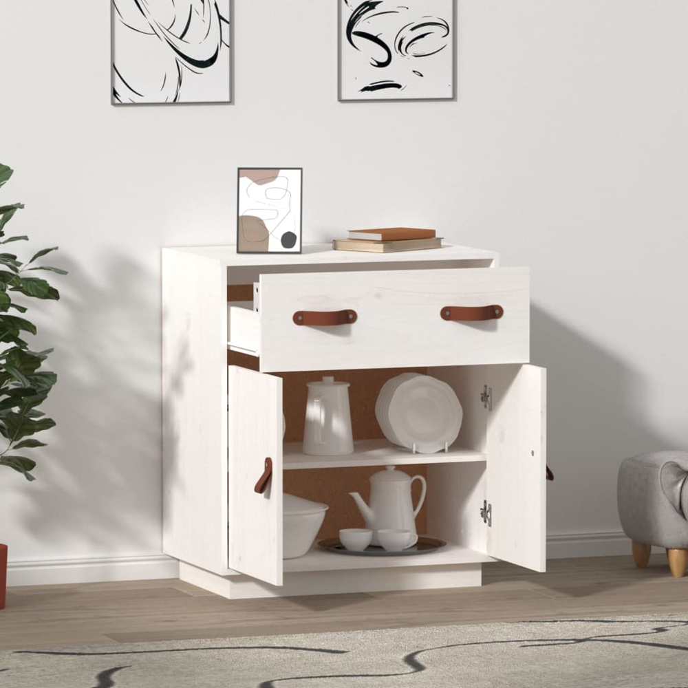 vidaXL 2 Door Single Drawer White Solid Pine Wood Sideboard Image 6