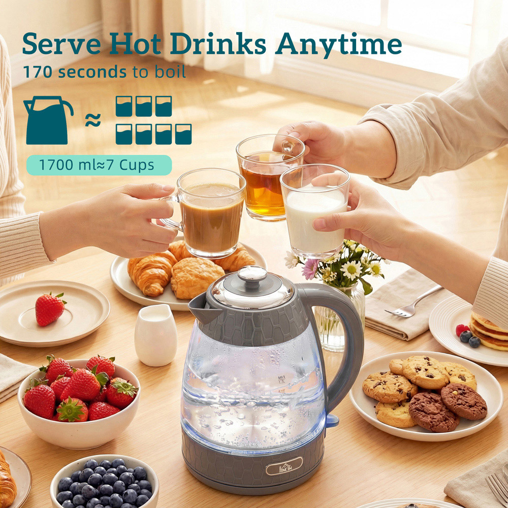 HOMCOM Grey 1.7L Fast Boil Kettle and 2 Slice Toaster Set Image 4