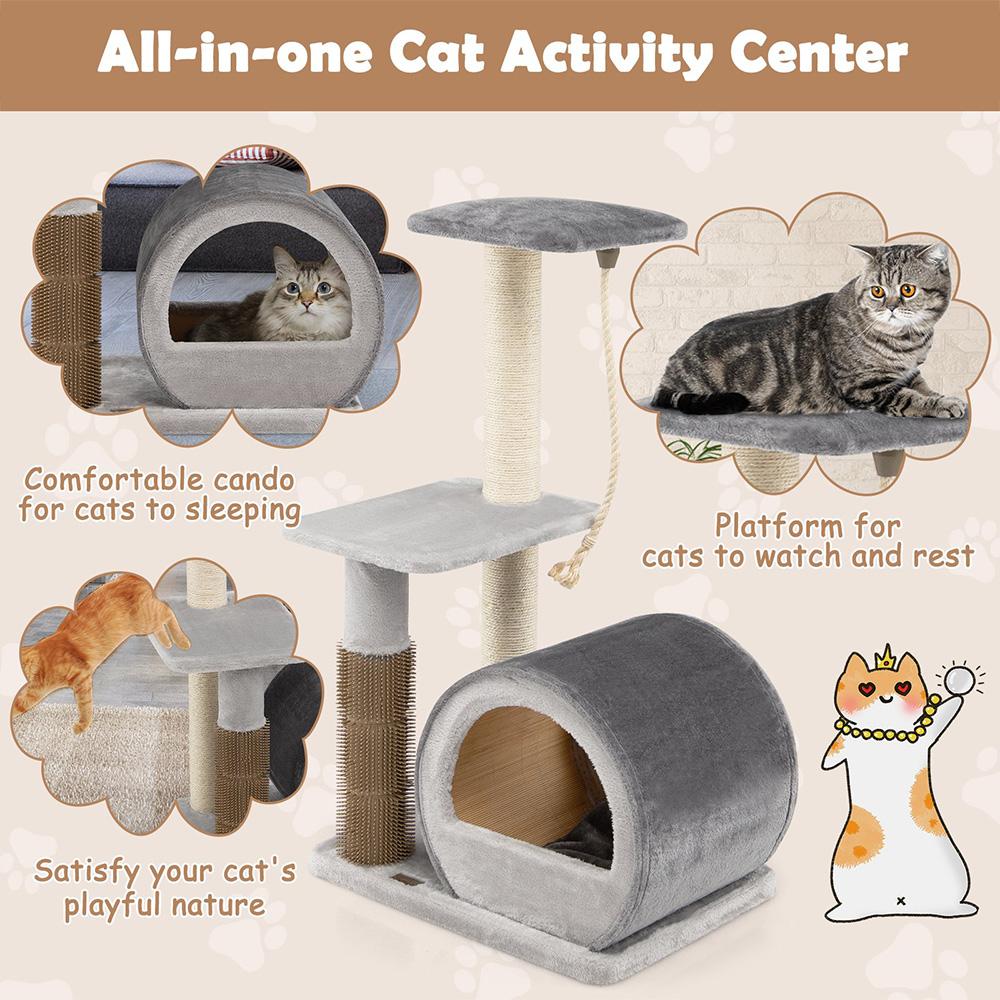 Costway 85cm Grey Sisal Rope Cat Tree Scratcher with Groom Brush Image 8