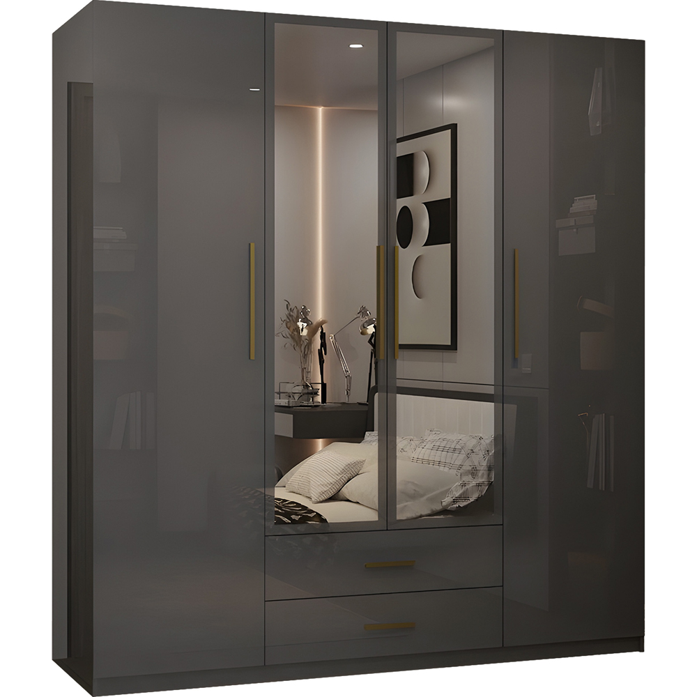 M N Furniture Glossera 4 Door 2 Drawer Grey High Gloss Mirrored Wardrobe 160cm Image 2