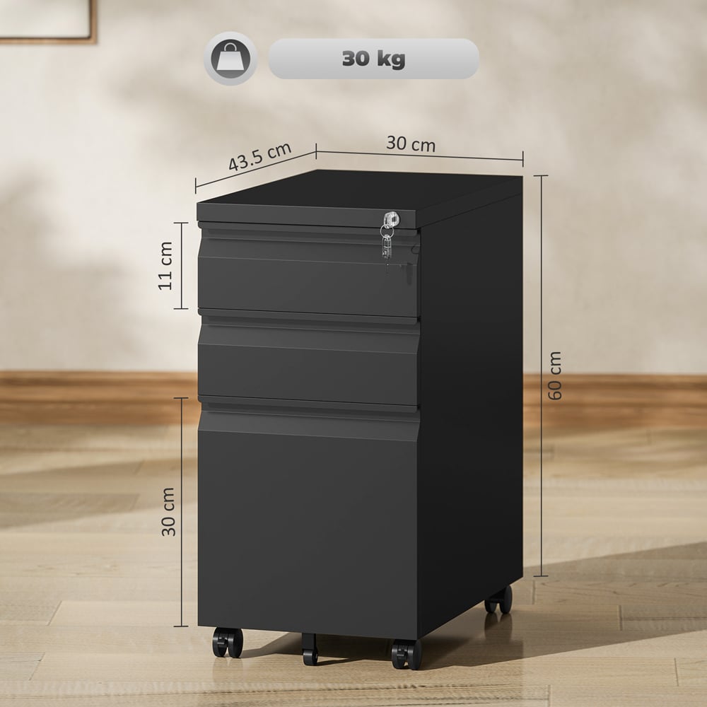 Vinsetto 3 Drawer Black Lockable Steel File Cabinet with Wheels Image 9