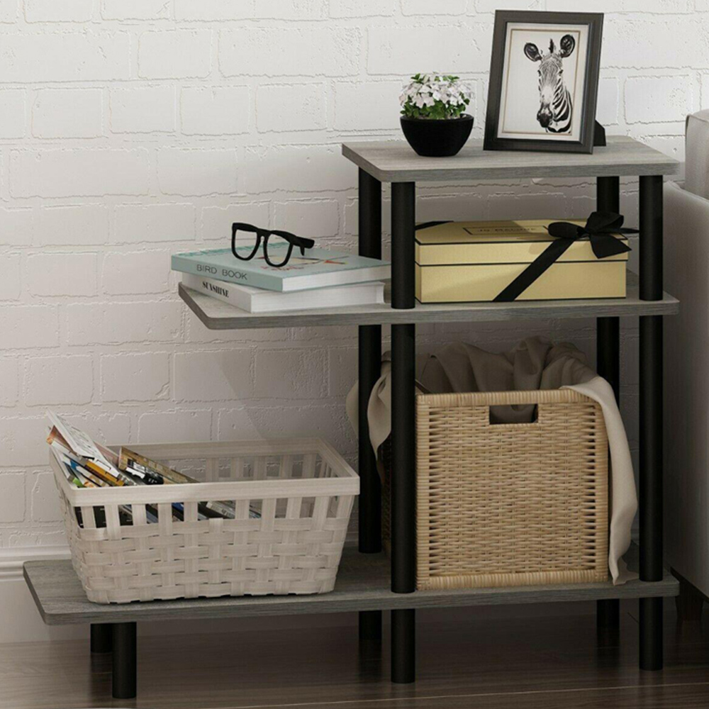 Walplus 2 Shelf French Oak Grey and Black Turn-N-Tube Side Table Image 1