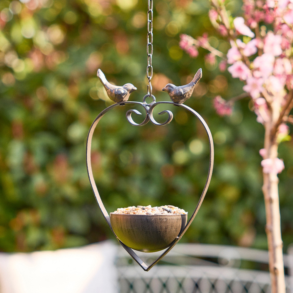 Dibor Antique Brown Iron Heart Shaped Hanging Bird Feeder Dish Image 2