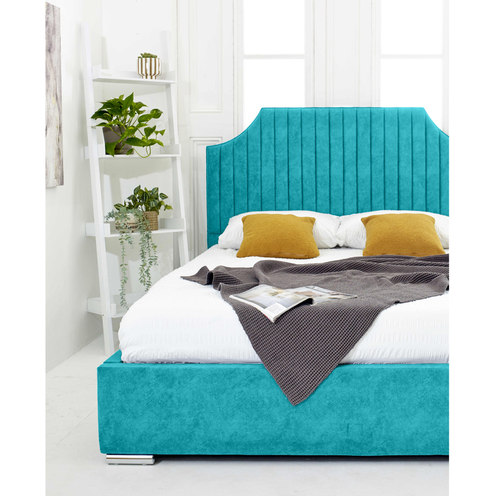 Eleganza Ascend Double Teal Plush Velvet Bed Frame with Lined Headboard Image 4