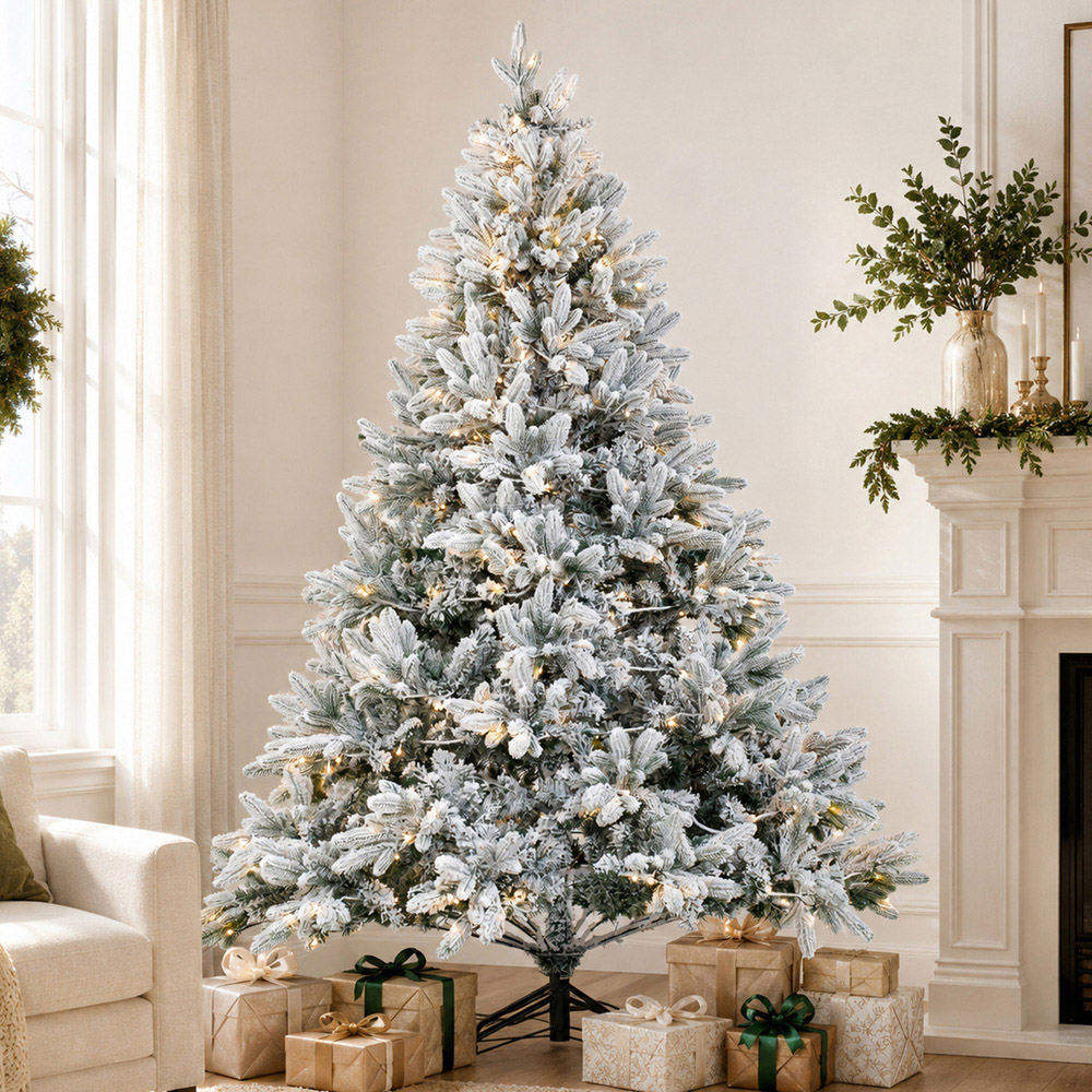 Abrihome 400 Warm White LED Pre-Lit Snow Flocked Artificial Christmas Tree with 1200 Mixed Tips 7ft Image 2