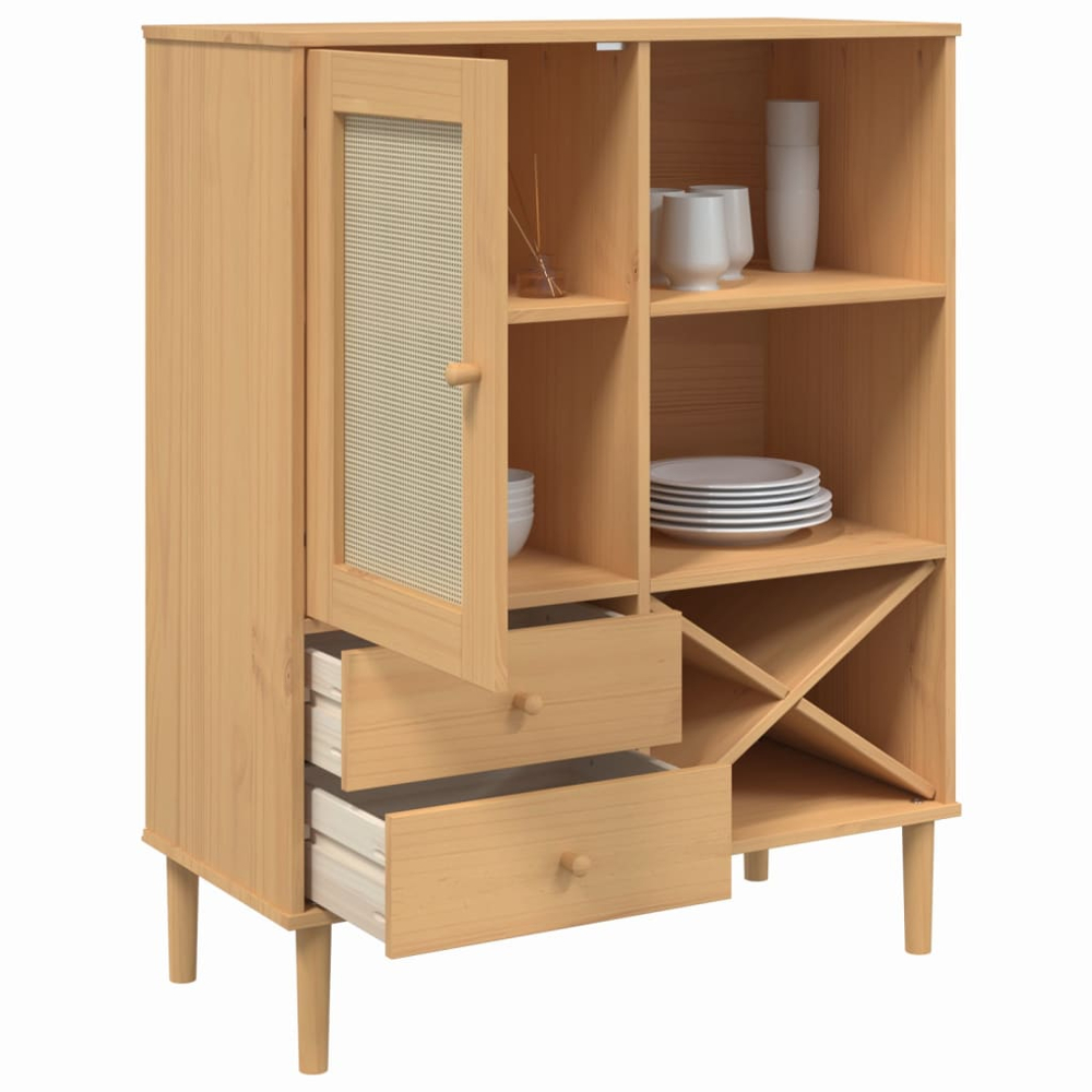 vidaXL Senja Single Door 2 Drawer 6 Shelf Brown Solid Pine Wood Rattan Look Highboard Image 4