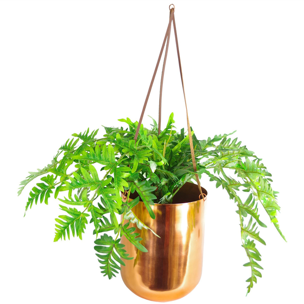 Leaf Artificial Evergreen Fern Plant in Hanging Copper Planter 60cm Image 1