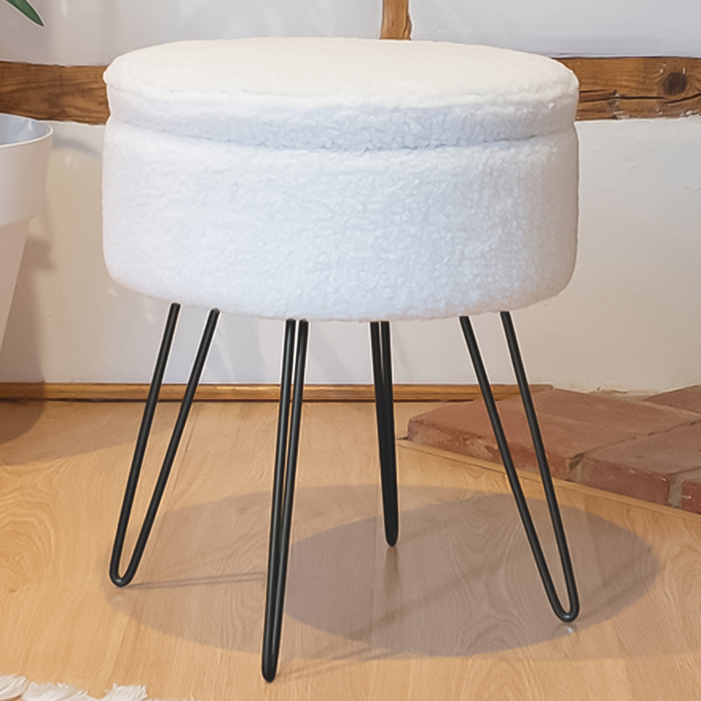 Harbour Housewares Cream and Black Boucle Round Footstool with Storage Image 1