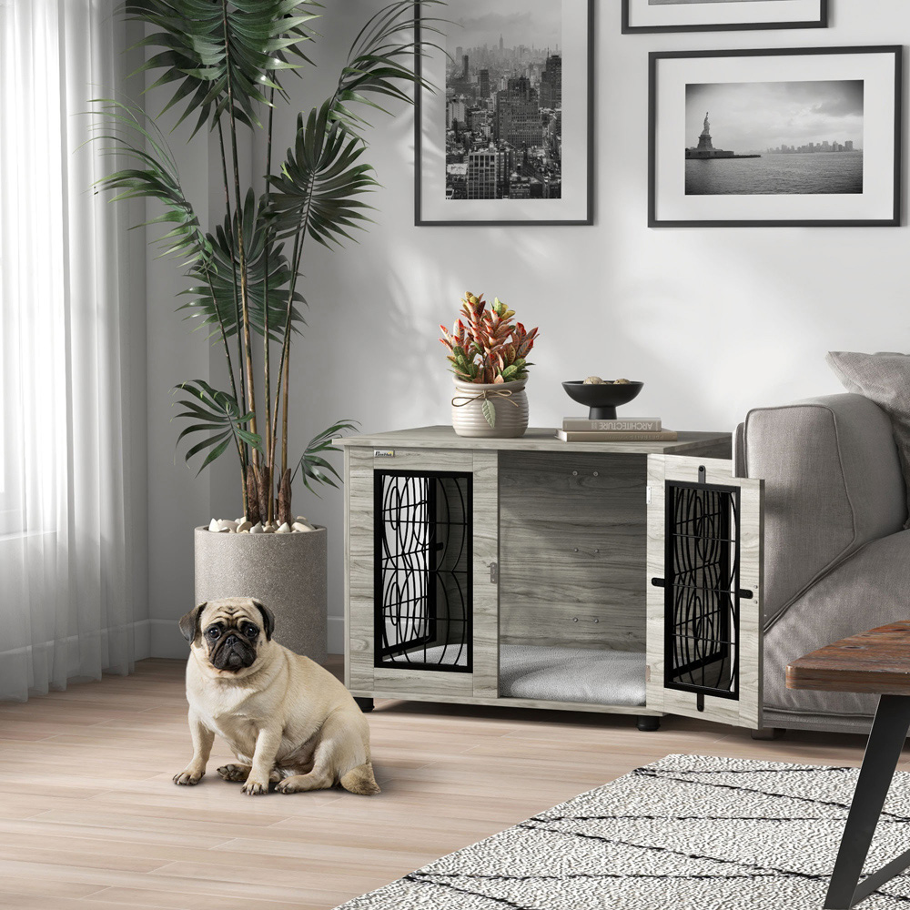 PawHut Grey Dog Crate End Table with Cushion 75cm Image 2