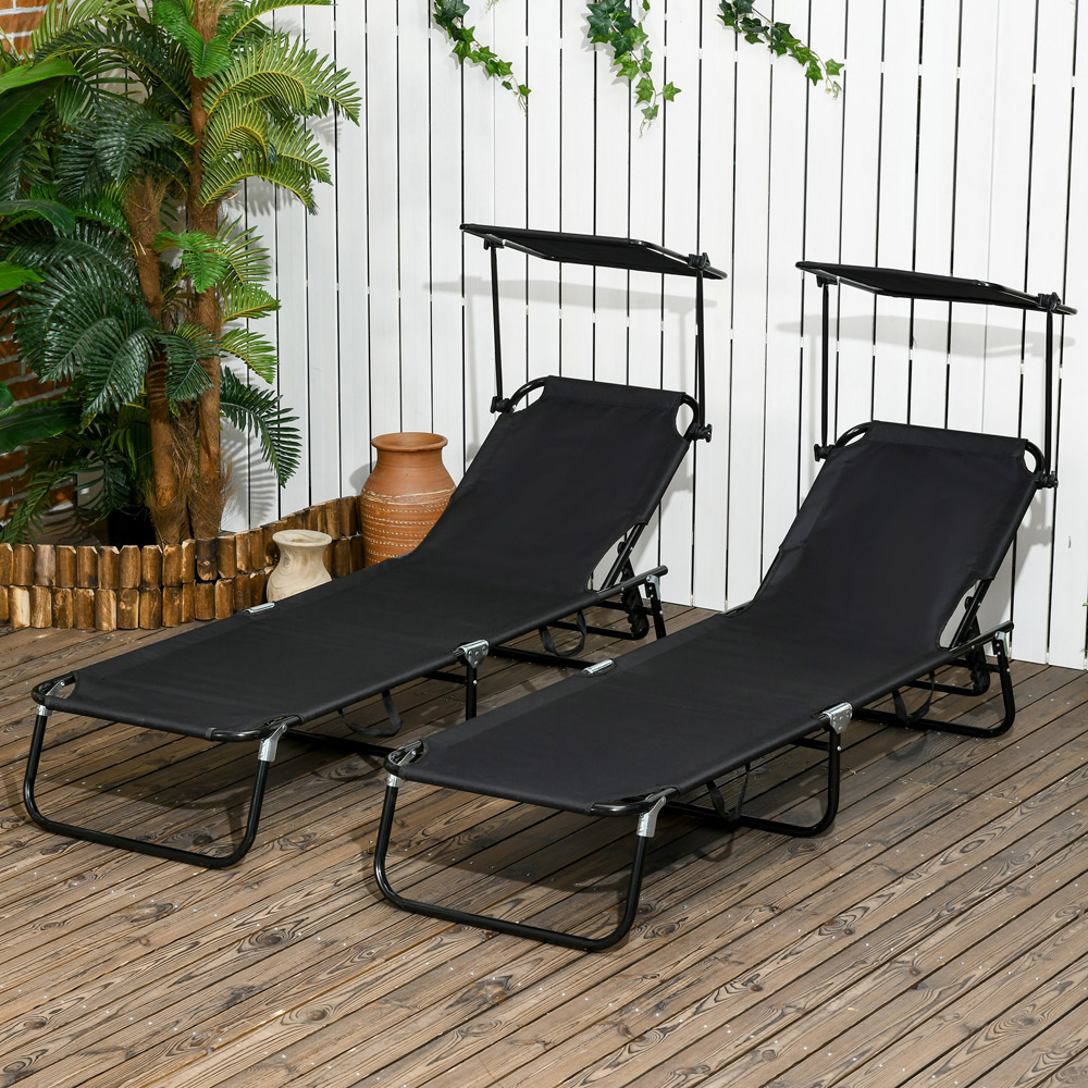 Outsunny Set of 2 Black Mesh Folding Chaise Lounge Pool Chairs Image 1