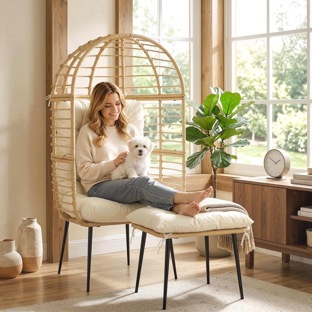 Outsunny Beige Standing Egg Chair with Footstool and Cushion Image 3