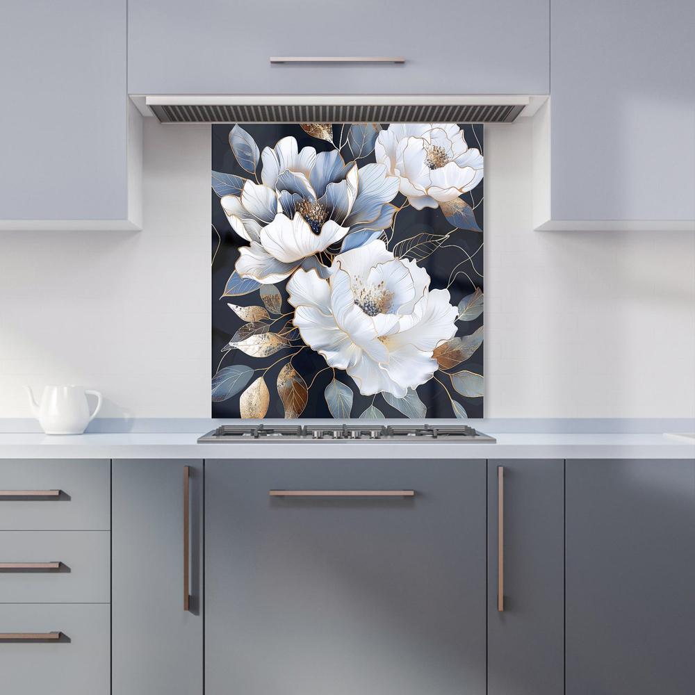 Warren Reed Designer Elegant Floral Symphony In Blue And Gold Glass Kitchen Splashback 65 x 60cm Image 1