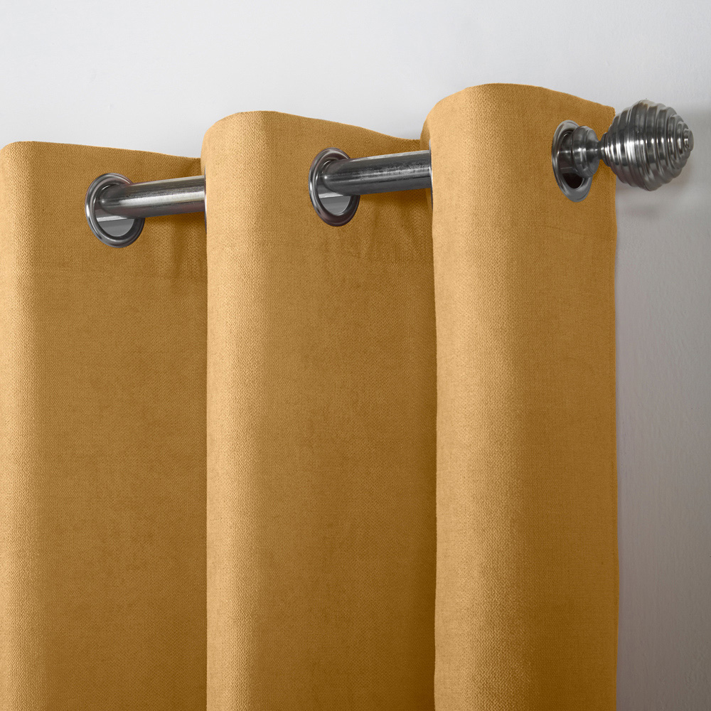 Alan Symonds Ochre Velvet Chenille Ring Top Eyelet Curtains 142 x 183cm Image 3