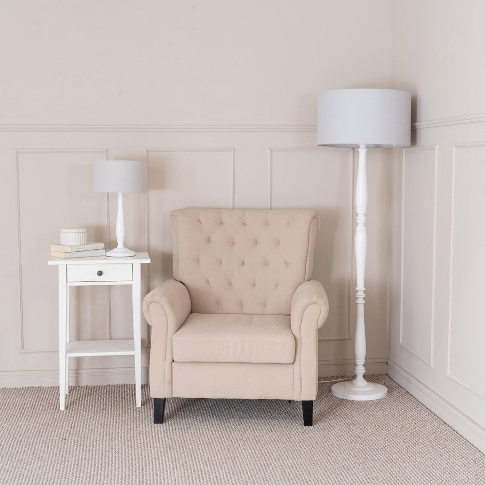 ValueLights Victoria Grey Fabric Drum Shade White Wood Traditional LED Table Lamp Image 5