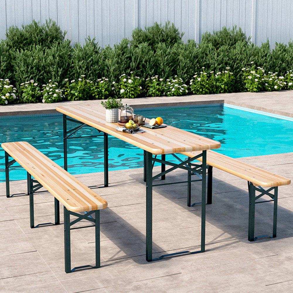 Living and Home 6 Seater Rustic Wooden Foldable Outdoor Table and Bench Set Image 1