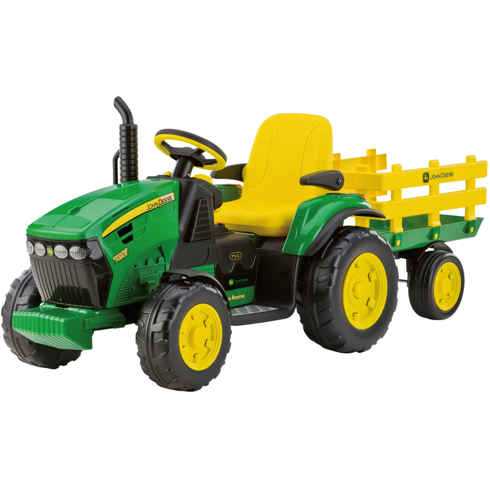 PEG John Deere Ground Force Kids Electric Ride-On Tractor with Trailer Green and Yellow 12V Image 1