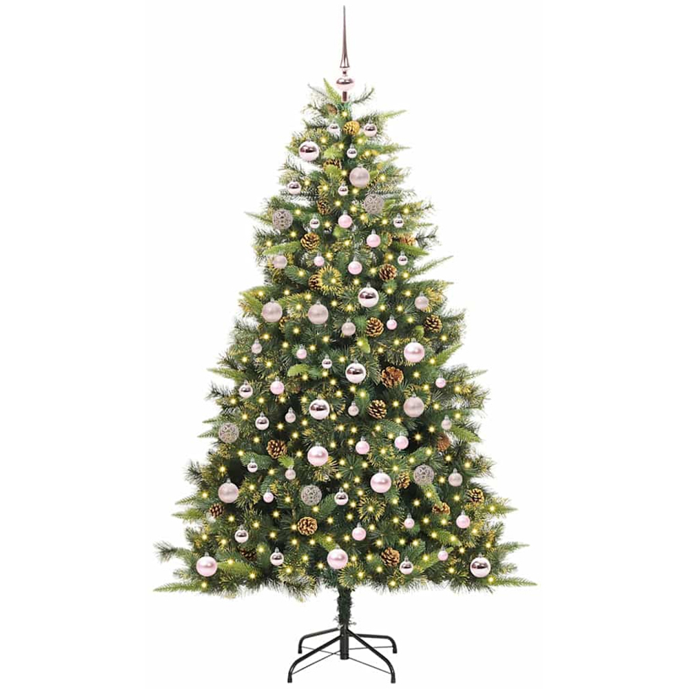 vidaXL Pre-Lit Pink Baubles and Pinecones Green Artificial Christmas Tree 6ft Image 1