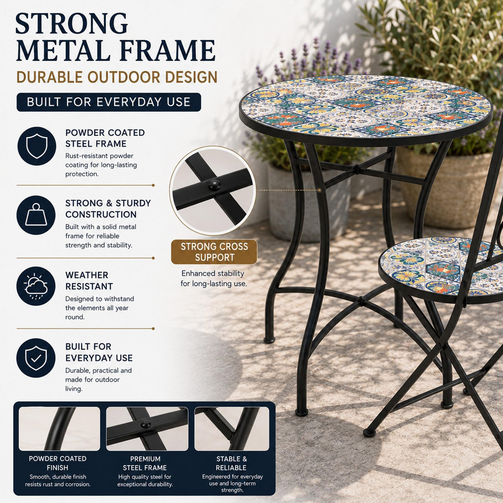 Shatchi Lisbon 2 Seater Mosaic Ceramic Tile Top Foldable Bistro Set Image 6