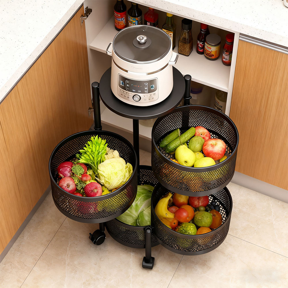 Living and Home 4-Tier Black Kitchen Storage Trolley with Rotating Basket Image 7