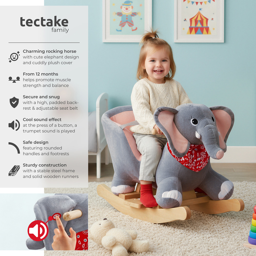 tectake Kids Grey Elephant Plush Cover Wooden Rocking Horse Image 3