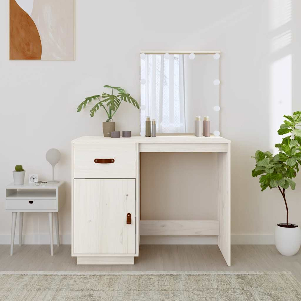vidaXL Single Door Single Drawer White Solid Wood Pine Dressing Table with LED Mirror Image 7