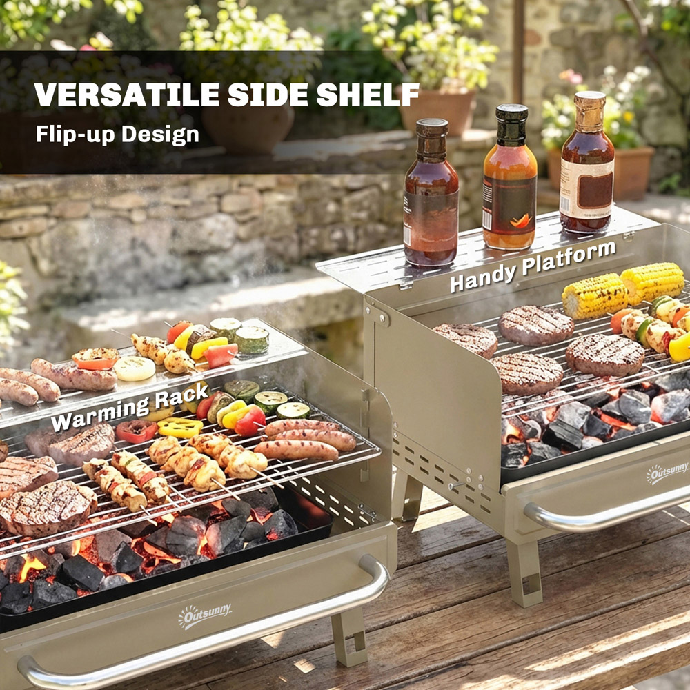 Outsunny Khaki Portable Barbecue Grill with Adjustable Grates and Side Shelf Image 7