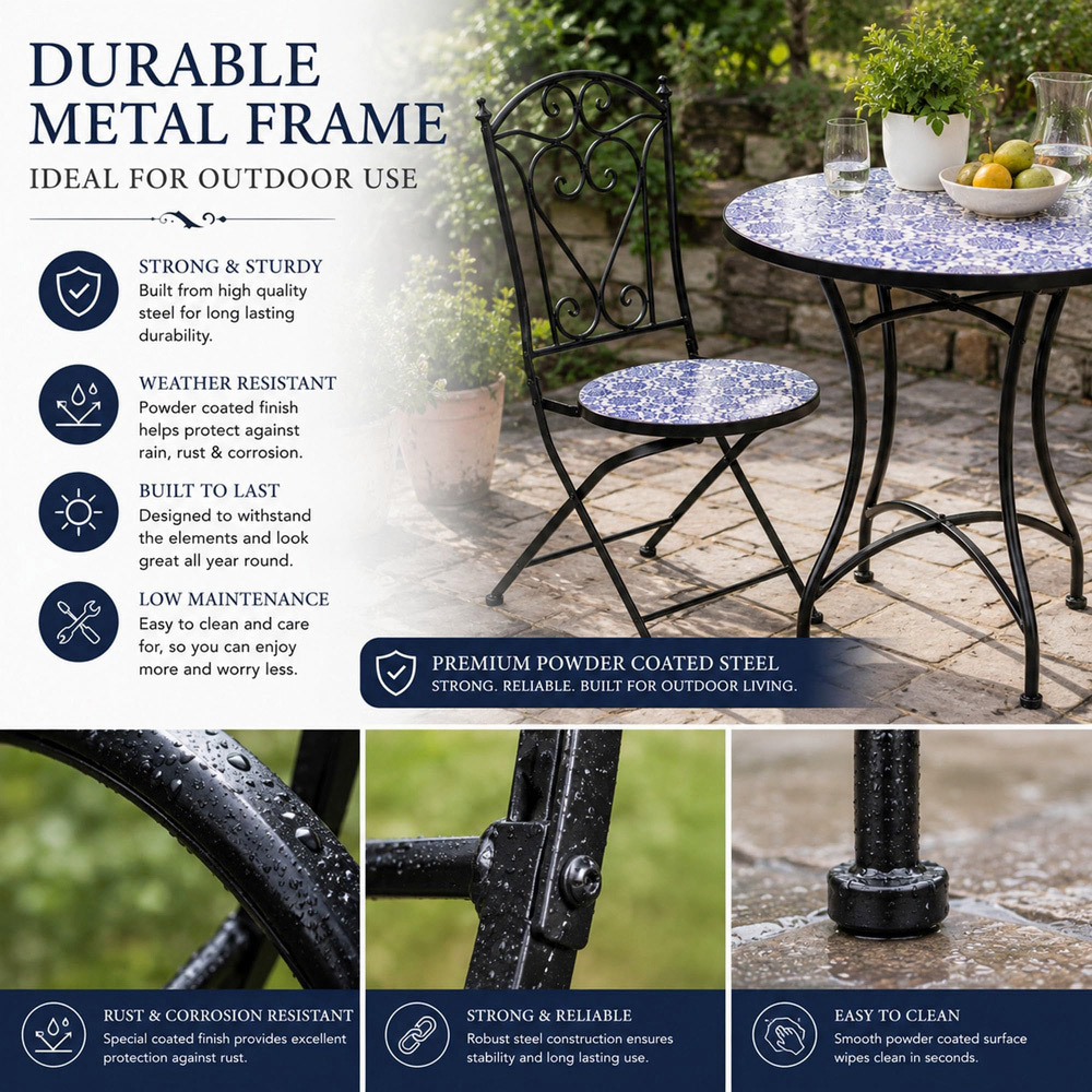 Shatchi Porto 2 Seater Mosaic Ceramic Tile Top Foldable Bistro Set Image 4