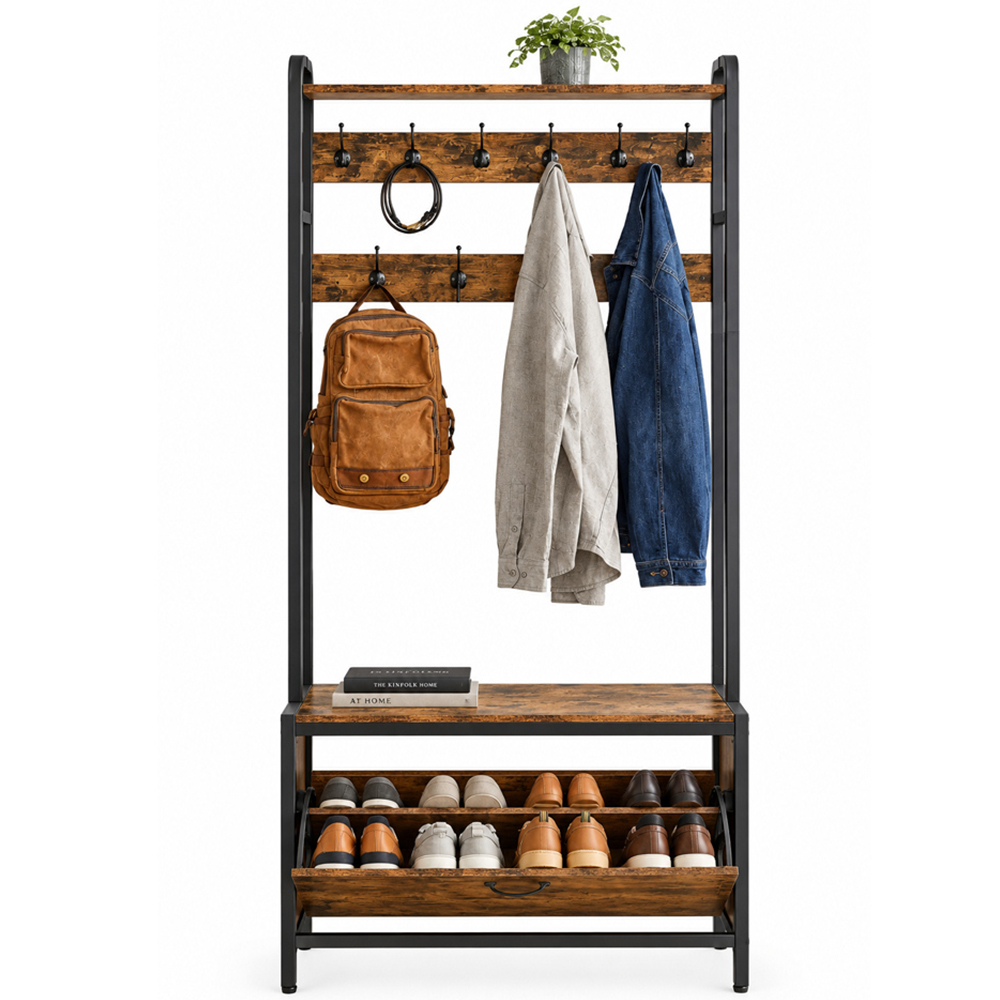 Modcraft Single Flip Down Drawer Rustic Brown Hall Tree Coat Rack with Shoe Bench and 9 Hooks Image 2