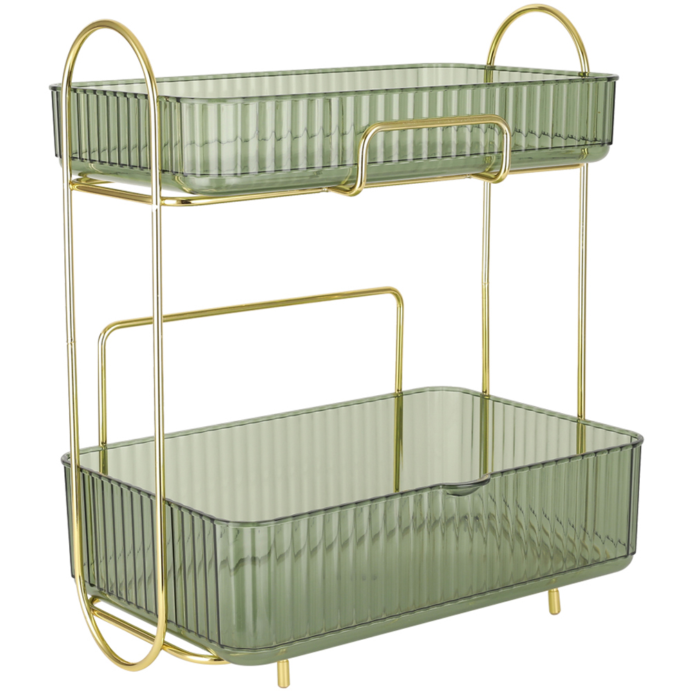 Living and Home 2 Tier Green and Gold Plastic Desktop Cosmetic Organizer Image 1