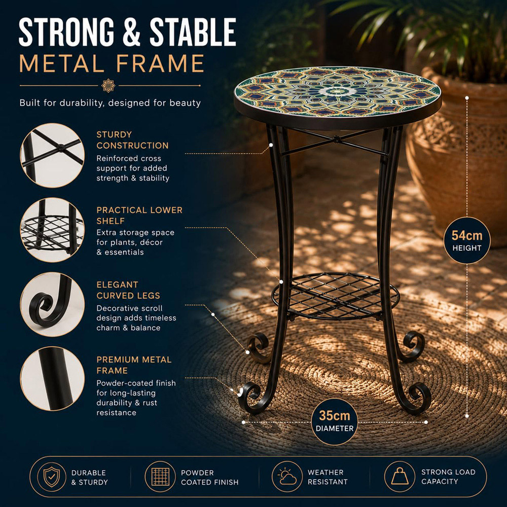 Shatchi Casablanca 2-in-1 Single Shelf Mosaic Ceramic Tile Top Plant Stand Side Table Image 6