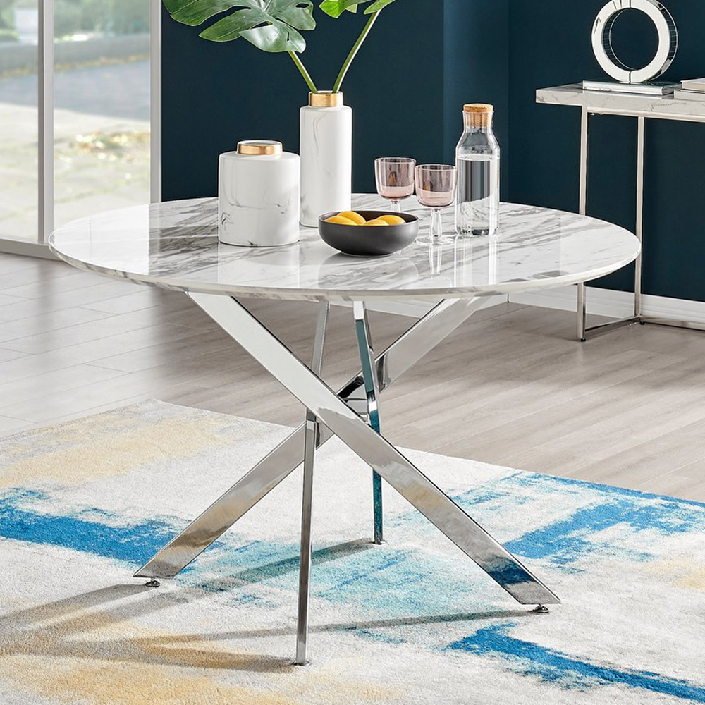 Furniturebox Arona Cesano Marble Effect 6 Seater Dining Set White Chrome and Blue Image 2