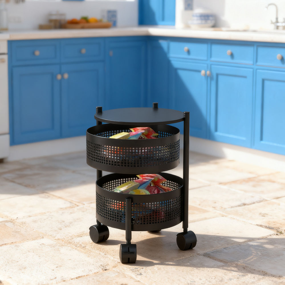 Living and Home 2-Tier Black Kitchen Storage Trolley with Rotating Basket Image 7