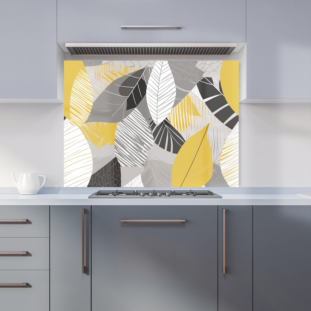Warren Reed Designer Grey and Yellow Autumn Leaves Glass Kitchen Splashback 65 x 90cm Image 1