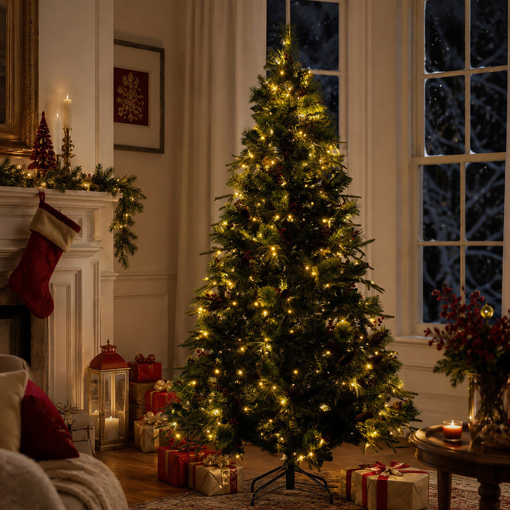 Abrihome 250 Warm White LED Pre-Lit Artificial Christmas Tree with Berries and Pinecones 6ft Image 2