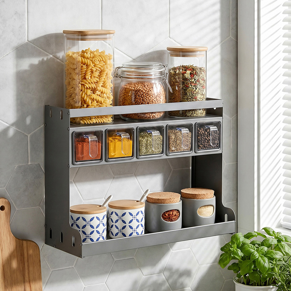 Living and Home 3-Tier Gunmetal Grey Spice Rack with 5 Seasoning Boxes Image 2