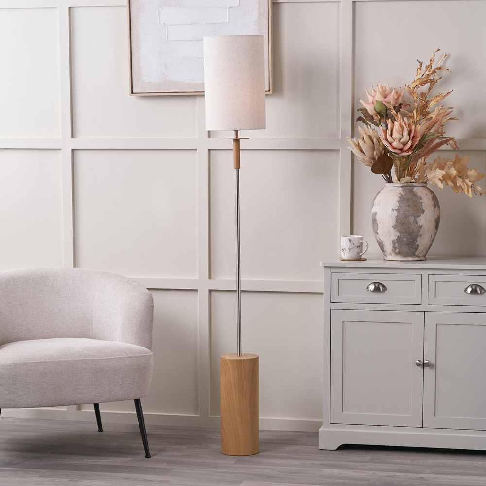 Pacific Lifestyle Bonham White Fabric Shade Natural Wood Veneer and Silver Metal Floor Lamp Image 2