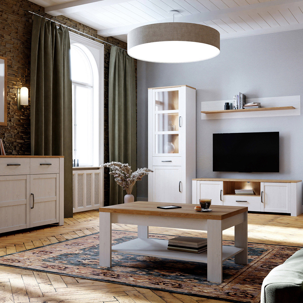 Florence Bohol 2 Door Single Drawer Riviera Oak and White Narrow LED Display Cabinet Image 2