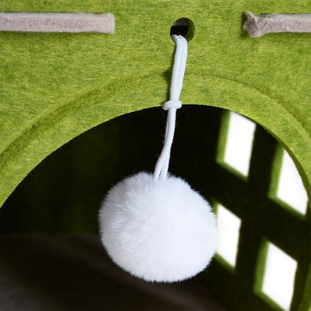 H&O Direct 2-Tier Green Felt Cat House with Hanging Fluffy Ball Image 4