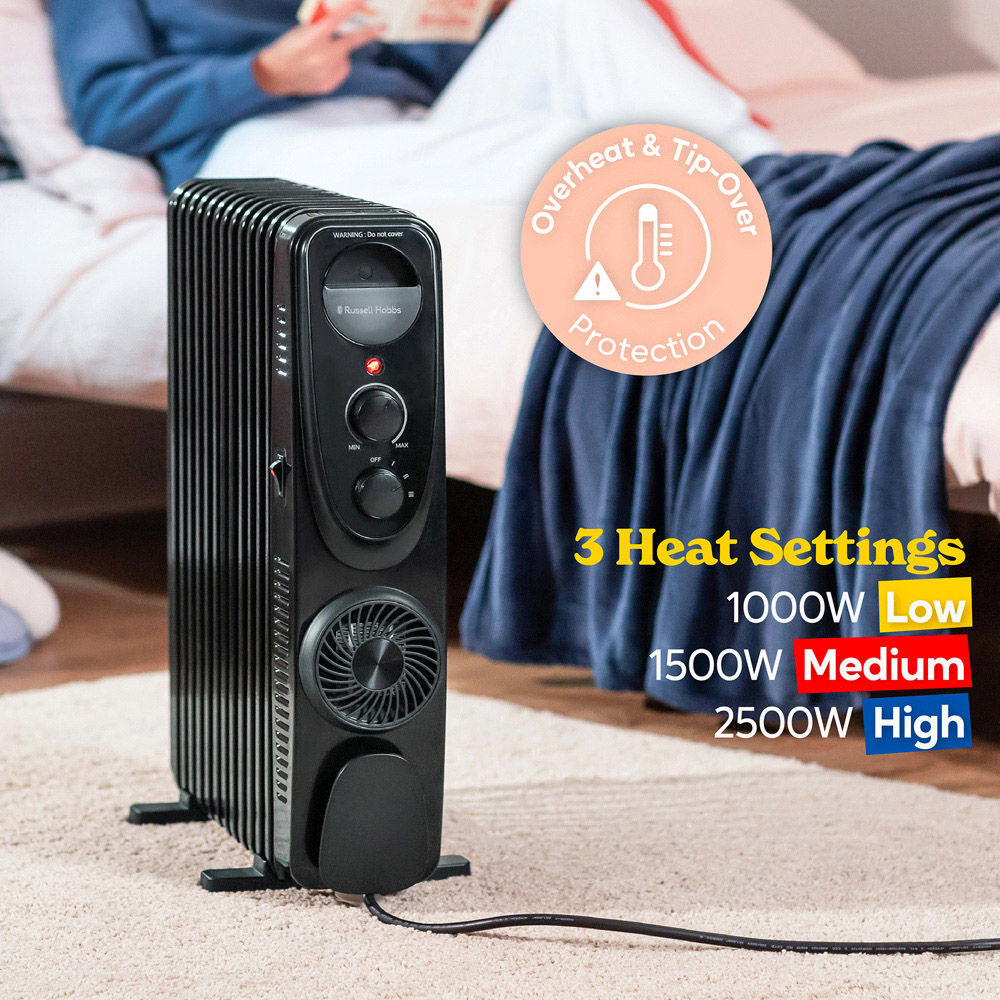 Russell Hobbs RHOFR2403B Black 13 Fin Manual Oil Filled Radiator Turbo Fan 2500W Image 6
