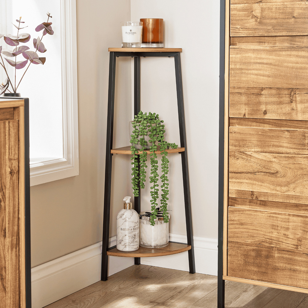 Home Source Locastra 3 Shelf Oak and Black Corner Bathroom Storage Unit Image 5