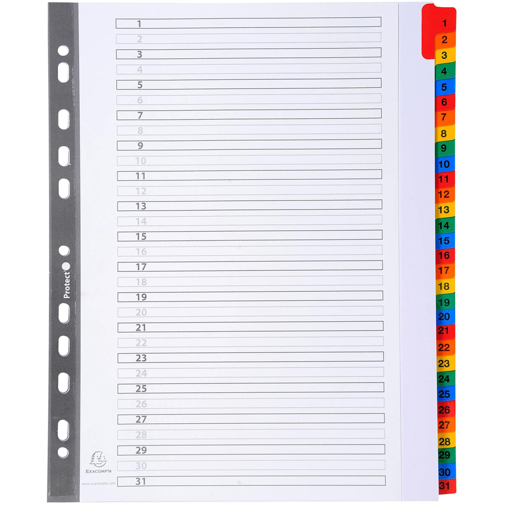 Exacompta A4 Maxi White Polypropylene 1-31 Divider with Multicolour Tabs 10 Pack Image 2